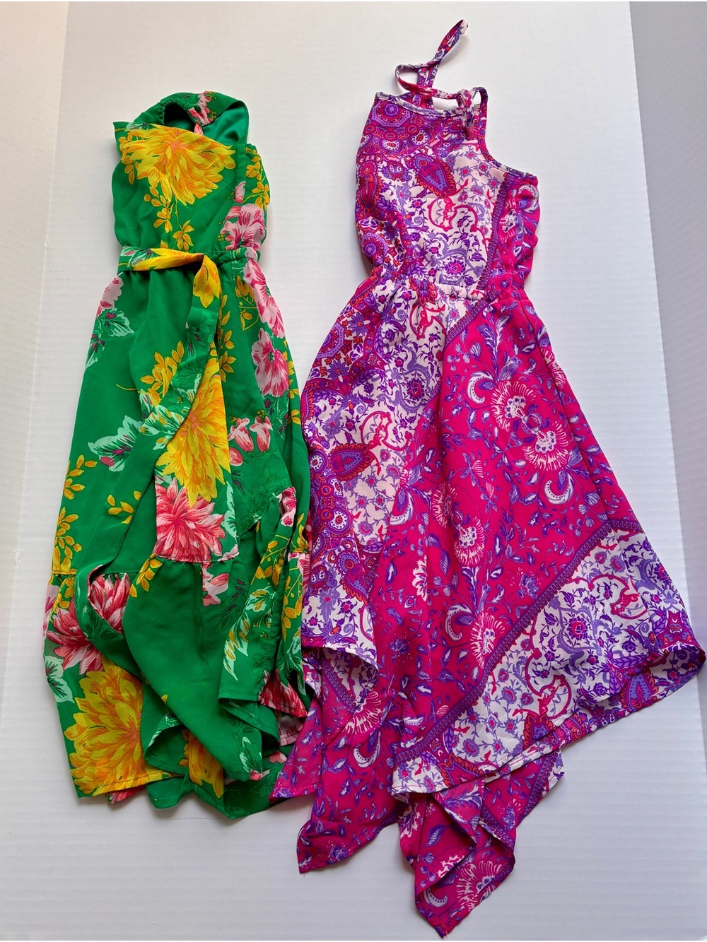 Place Girls' Floral Hanky Hem Dresses - Green & Pink Purple